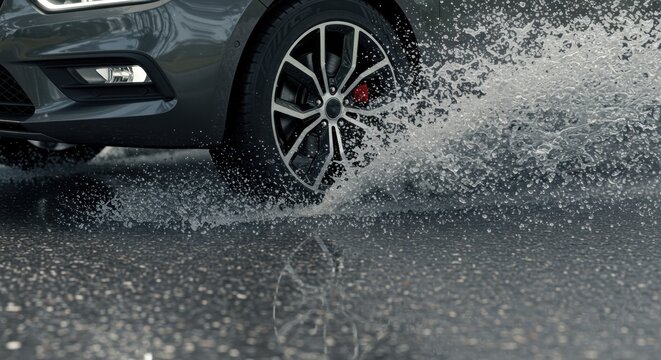 A low-angle shot of a dark-colored vehicle driving through a puddle, creating dynamic splashes of water and showing wheel and tire details