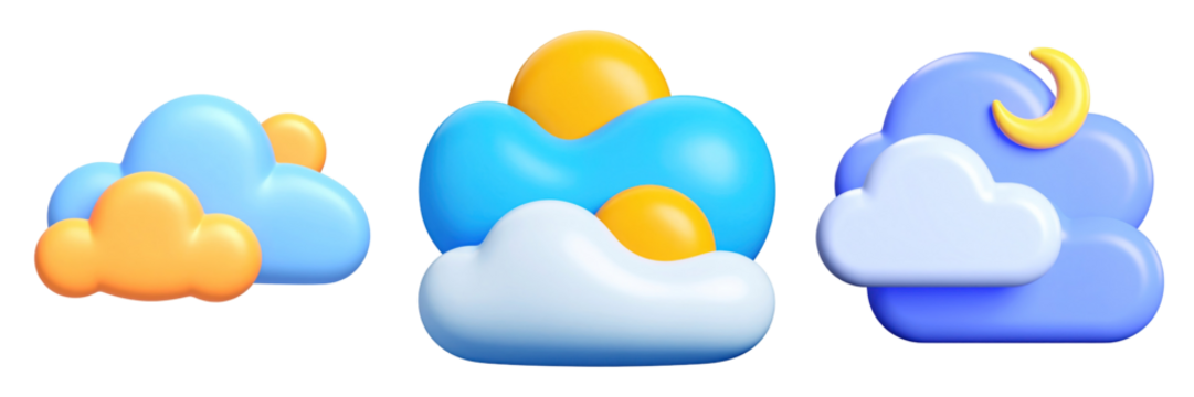 Three Dimensional Plastic Style Weather Icons Depicting Sunny Cloudy And Moonlit Conditions Against Transparent Background