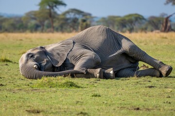 Elephant sleeping on grass field wildlife photography african safari animal resting day