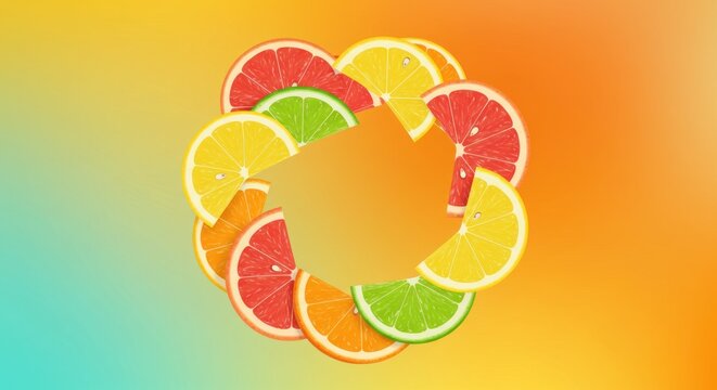 Colorful sliced citrus fruits, arranged in a circular pattern, form a central arrow shape against a gradient background of oranges and yellows
