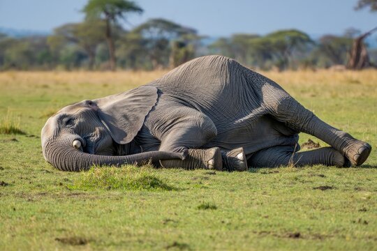 Fototapeta Elephant sleeping on grass field wildlife photography african safari animal resting day