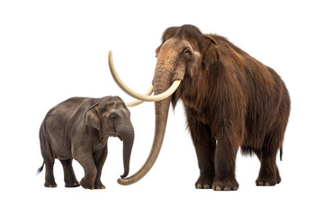 Obraz premium Large woolly mammoth with long shaggy coat and curved tusks standing beside smaller modern elephant for scale comparison, isolated on a transparent background