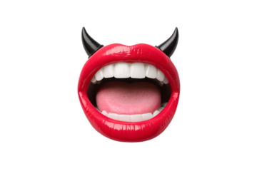 Open mouth with red lipstick and black devil horns positioned above lips, showing tongue and teeth, isolated on a transparent background