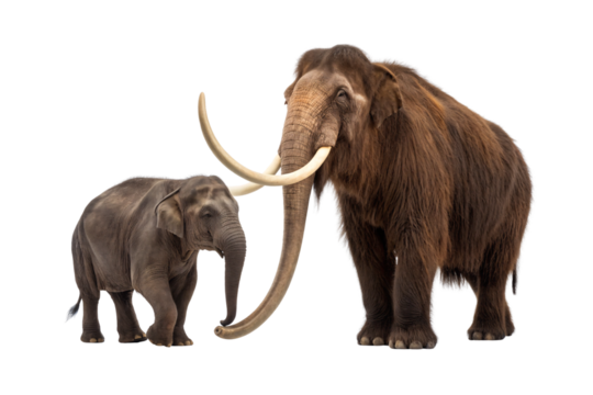 Large woolly mammoth with long shaggy coat and curved tusks standing beside smaller modern elephant for scale comparison, isolated on a transparent background