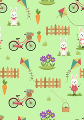 Cute springtime bunny adventure with kites and bicycles
