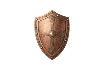 Bronze ceremonial shield featuring geometric patterns, studded rim and cross motif with ornamental detailing, isolated on a transparent background