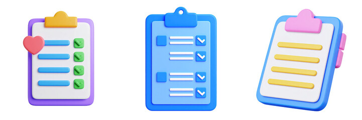 Three 3D Plastic Style Clipboards With Check Marks And Hearts In A Clean Isolated Composition Against a Transparent Background