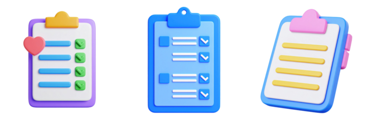 Three 3D Plastic Style Clipboards With Check Marks And Hearts In A Clean Isolated Composition Against a Transparent Background