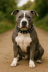  AI-generated image of an American Pit Bull Terrier sitting on a dirt path, wearing a spiked collar, with a strong and confident expression.
