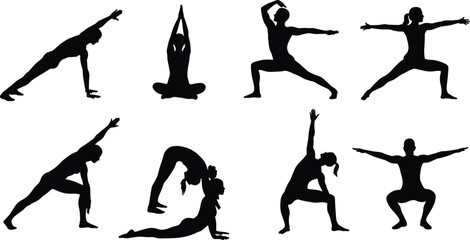 Silhouettes of eight yoga poses, standing, seated, and balancing positions, vector art for fitness, posture, meditation, wellness, active lifestyle