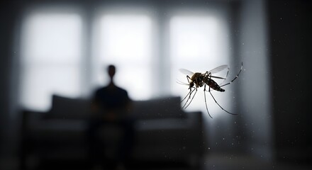 Close-up of a mosquito hovering in the air with a blurred human figure in the background, symbolizing disease prevention and public health concerns.