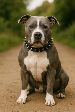  AI-generated image of an American Pit Bull Terrier sitting on a dirt path, wearing a spiked collar, with a strong and confident expression.