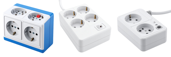 3D Plastic Style Isolated Electrical Extension Cords With Sockets On Transparent Background Representing Power And Connection
