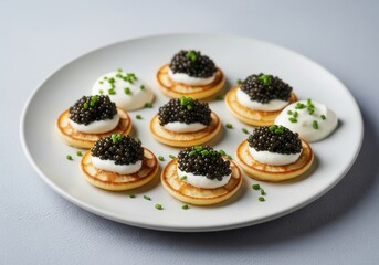 A sophisticated plate of blini topped with black caviar and sour cream, elegantly garnished with chives.