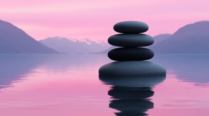 Serene Stack of Stones on Calm Water at Dusk with Pink Sky Reflection