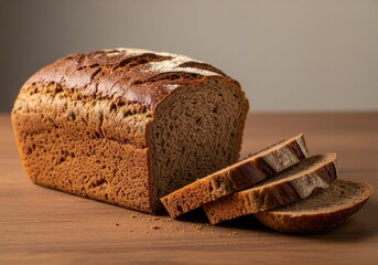 A hearty loaf of dark rye bread, with a few slices cut, revealing its dense, textured interior.