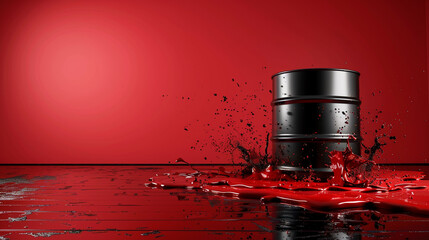 Oil Barrels with splashes on red background, Oil Prices Moving Down.