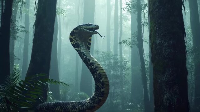 A dramatic scene of a large anaconda and a cobra facing off in a dense jungle, both in striking pose, camera circling slowly, mist in the background,