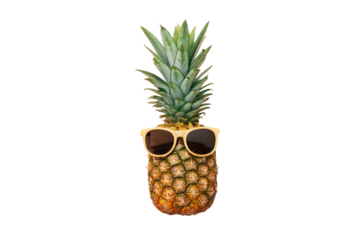 Cool pineapple wearing yellow sunglasses displaying vibrant golden skin with fresh green spiky tropical crown, isolated on a transparent background
