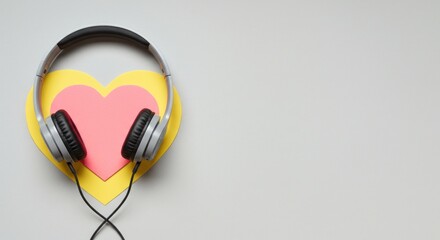 Over-ear headphones rest on a gray surface atop two layered paper hearts; pink inside yellow, leaving ample right-side negative space