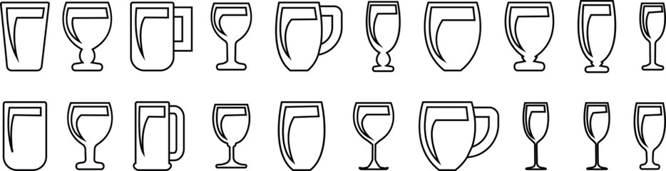 Drink ware icon set, glass cup mug wine goblet beer collection in line style, black silhouette group, bar utensil bundle, beverage container pack, drink synonym vector