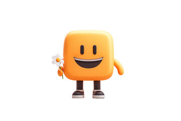 Happy Cartoon Square Character Holding Flower on Transparent Background