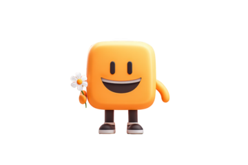 Happy Cartoon Square Character Holding Flower on Transparent Background