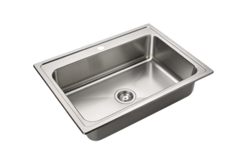 Stainless steel kitchen sink, rectangular single basin, drop-in installation style, modern design with central drain, isolated on a transparent background