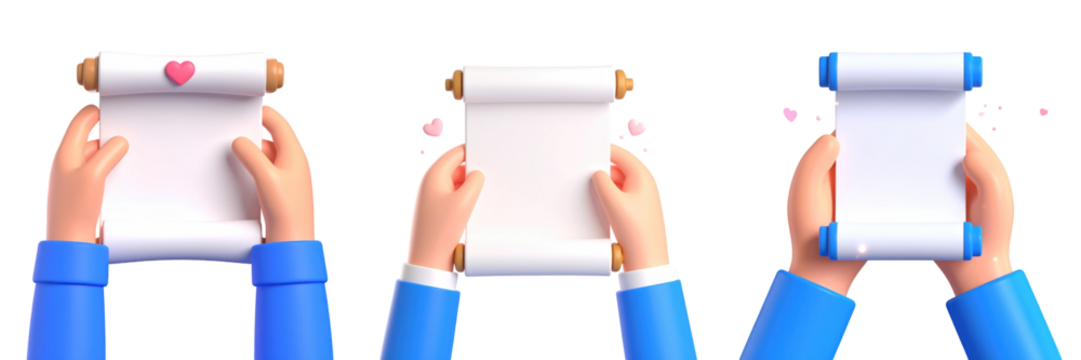 3D Rendered Hands in Blue Sleeves Holding a Blank Scroll with Pink Heart Elements on Transparent Background for Valentine's Day Theme