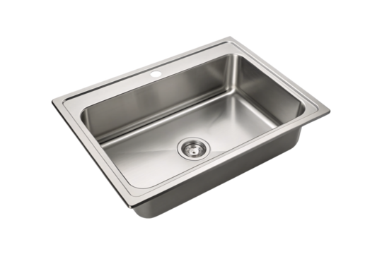 Stainless steel kitchen sink, rectangular single basin, drop-in installation style, modern design with central drain, isolated on a transparent background
