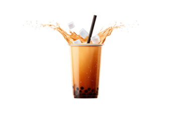 Cold Bubble Tea Drink with Ice Cubes and Splashing Tea on Transparent Background