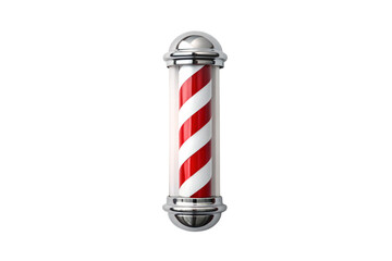 Traditional cylindrical barber shop pole featuring red white spiral stripes chrome ends, isolated on a transparent background