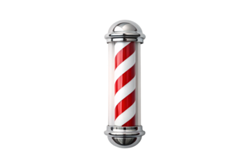 Traditional cylindrical barber shop pole featuring red white spiral stripes chrome ends, isolated on a transparent background