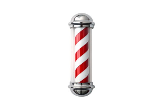 Traditional cylindrical barber shop pole featuring red white spiral stripes chrome ends, isolated on a transparent background
