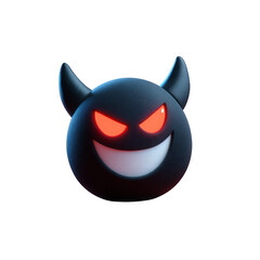 Dark Devil Emoji Character with Red Glowing Eyes and Wide Smiling Mouth on Transparent Background