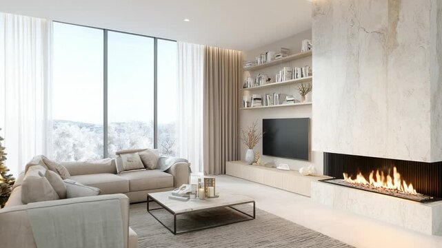 Modern living room with large window, cozy fireplace, soft sofa and neutral interior design tones