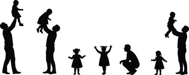 Vector illustration of father and children silhouettes, family relationship concept, parenting moments, dad playing with kids, childhood happiness, black and white clipart design