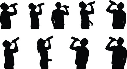 Vector illustration of people drinking water from bottles, male and female silhouettes, hydration concept, healthy lifestyle clipart, black and white design