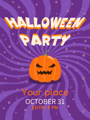 Halloween party poster with carved pumpkin on purple spiral background. Spooky festive vector illustration for autumn holiday celebration and decoration.