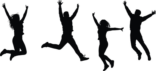 Vector illustration of people jumping silhouettes, happy men and women in motion, freedom and joy concept, energetic pose clipart, black and white design