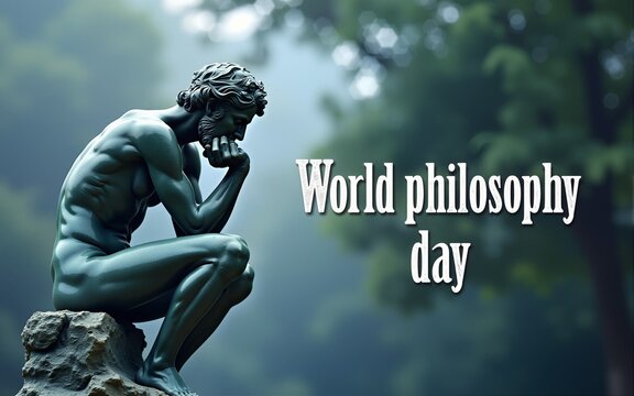 World Philosophy Day banner with statue of thinker in deep contemplation, ideal for education, events, and philosophical reflections or celebrations. High quality