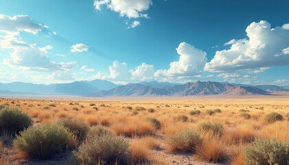 Fototapeta premium Vast arid desert landscape with golden grass, scattered shrubs under bright blue sky with scattered clouds. Distant mountains form hazy horizon line. Scene captures serene, wide-open, sun-drenched