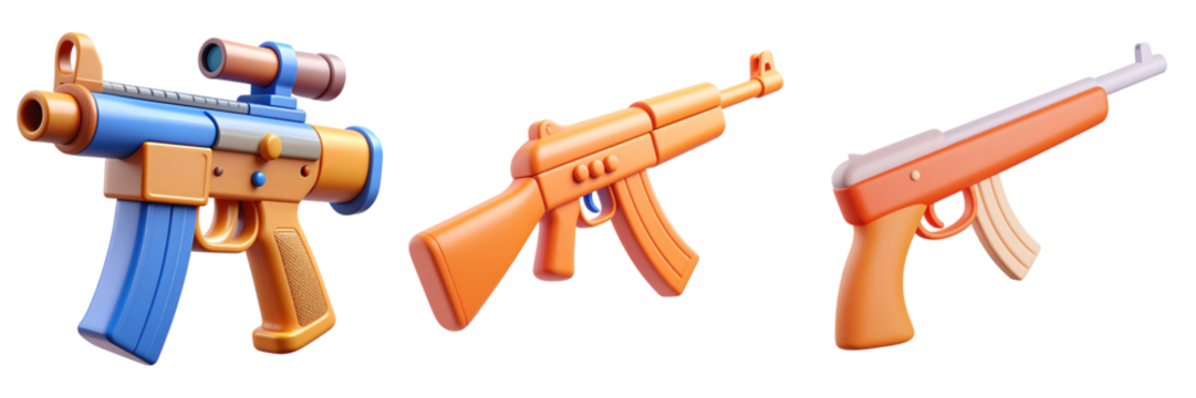 3D Plastic Style Icon Set Of Orange And Blue Weapons Isolated On Transparent Background