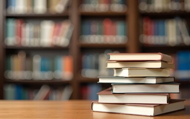 Stack of books in the library and blur bookshelf background. High quality