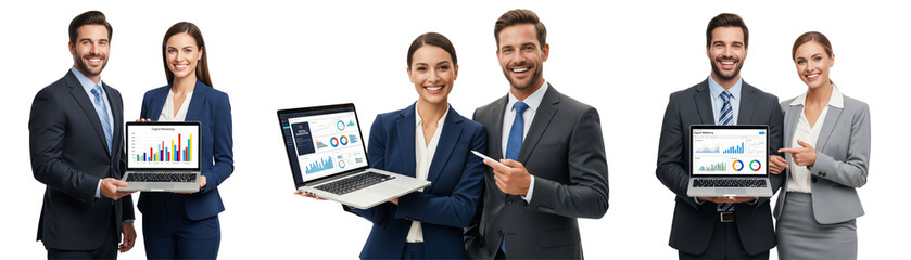 Fototapeta premium Collection of Business people working together on laptop, looking happy isolated on white or transparent background