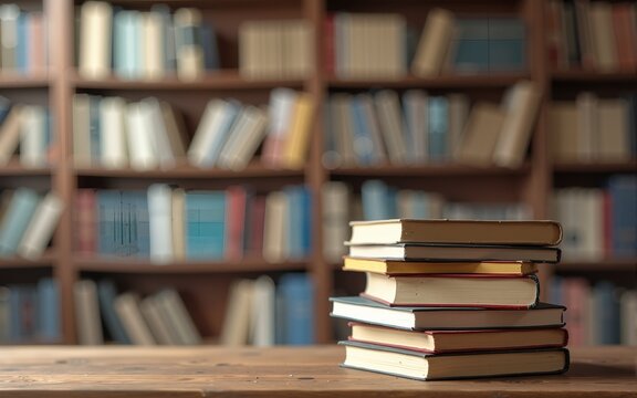 Stack of books in the library and blur bookshelf background. High quality