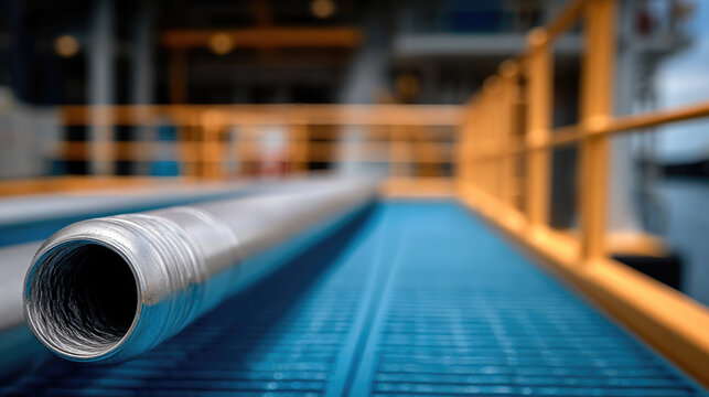 Close up of blue metal pipe on industrial platform, focus on threaded end, construction site, modern engineering, strong structure
