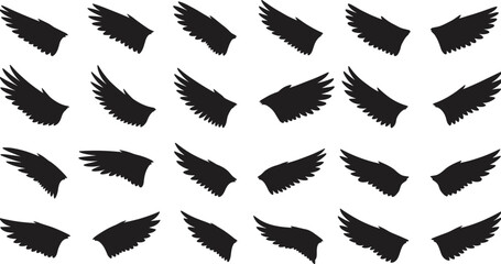 Silhouette bird wings set, flying feather icons, black angel wing shapes, freedom concept, abstract nature illustration, decorative vector, tattoo design element
