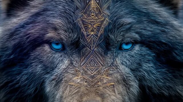 Closeup of a majestic wolf with piercing blue eyes and intricate geometric patterns on its face in dark moody lighting