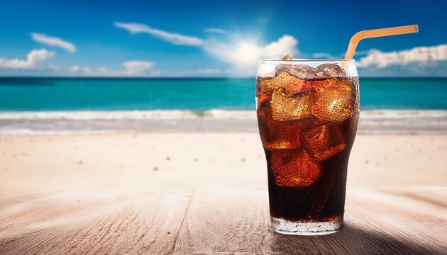 refreshing iced cola drink on beach summer